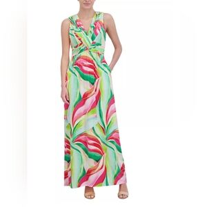 Jessica Howard NWT Vibrant Red/Green Sleeveless V-Neck Maxi Dress Size 10
